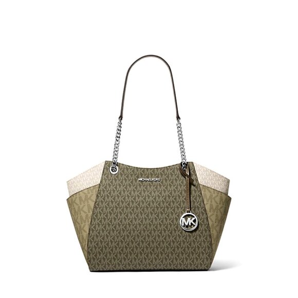 New Michael Kors Jet Set Large Printed Signature Logo Tote Bag Olive - Picture 1 of 5